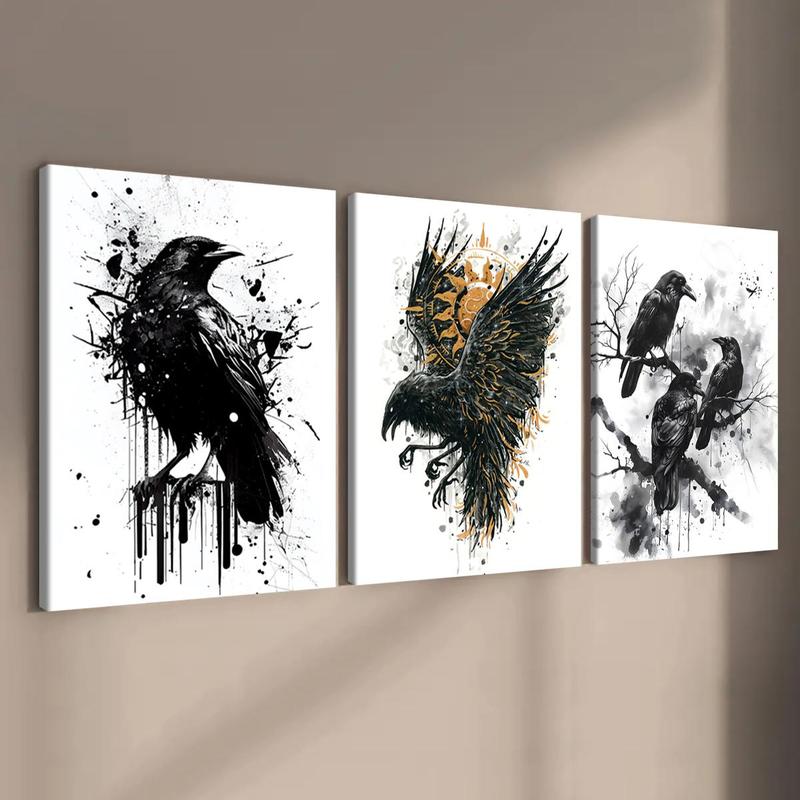 Crow Pattern Canvas Painting with Frame, 3 Counts set Modern Wall Art Painting, Wall Decor for Home Living Room Bedroom Office