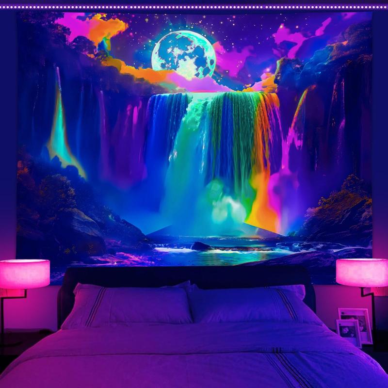 Moon & Waterfall Pattern Tapestry, 1 Count Colorful Fluorescent Ultraviolet Reaction Forest Pattern Tapestry, Wall Hanging for Home Living Room Bedroom Dormitory Office