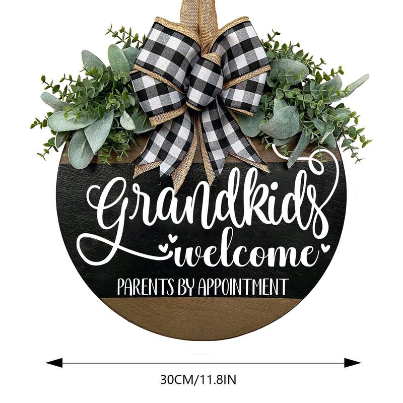 Wooden Grandkids Welcome Parents by Appointment Front Door Sign, 1 Count Bow Decor Letter Printed Hanging Decoration, Home Decor for Front Porch