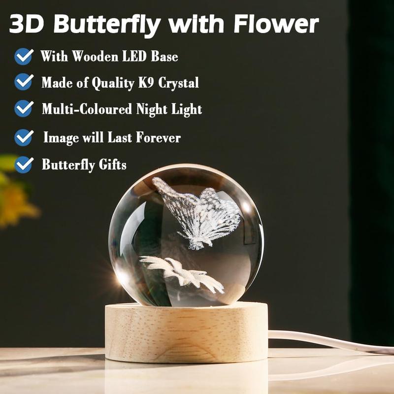 3D Butterfly Crystal Ball 60mm Gifts Ideas for Girlfriend Wife Mom Couple Her Butterfly on Sunflower in Glass Ball with Multicolor Lighting Base