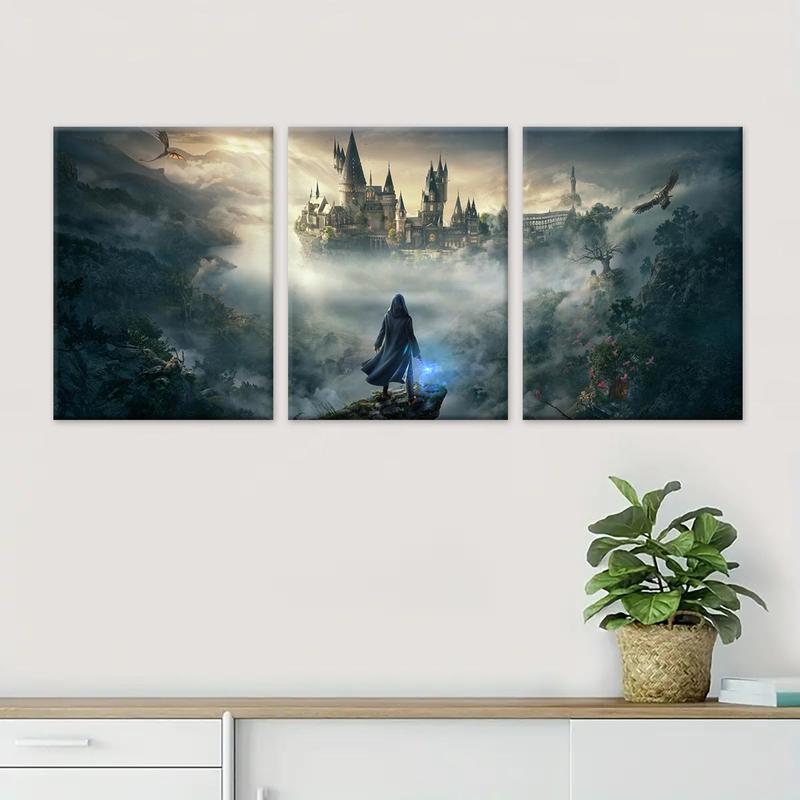 Wooden Framed Canvas Painting, 3 Counts set Wizard & Castle Pattern Canvas Poster, Modern Wall Art for Living Room Bedroom Decor