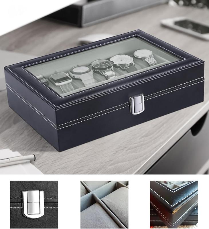 Watch Box, 12-Slot Watch Case for Dad, Husband Watch Box Organizer with Glass Lid, Men Watch Display Case with Removable Pillows, Father's Day Gift Watch Holder Organizer