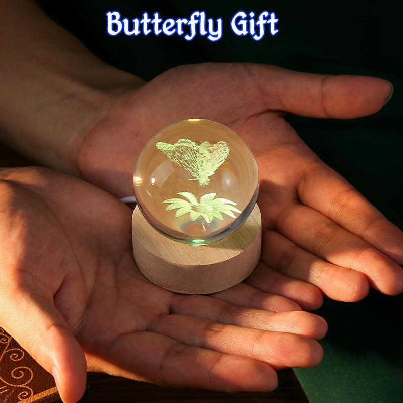 3D Butterfly Crystal Ball 60mm Gifts Ideas for Girlfriend Wife Mom Couple Her Butterfly on Sunflower in Glass Ball with Multicolor Lighting Base