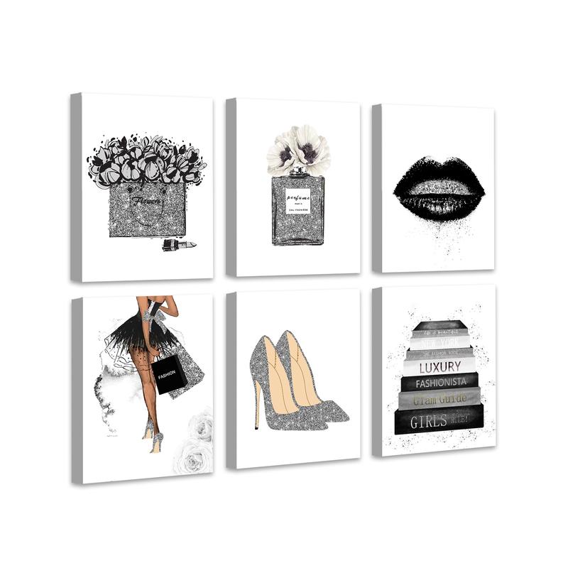 6PCS Glam Gray Fashion Wall Decor Schönheitszimmer Dekor Bilder Kunst für Büro Schlafzimmer Badezimmer Wanddekoration Parfüm Handtaschen High Heels Lippenstift Wandbilder 8x10in