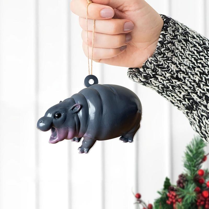 Cute Baby Hippo Moo Deng Flat Ornament, Hippo Rearview Mirror Car Accessories, Moo Deng Ornament, Pygmy Hippo Acrylic Ornament, Christmas Tree Decor