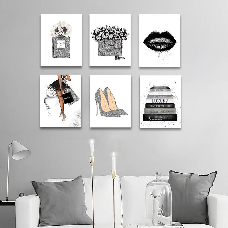 6PCS Glam Gray Fashion Wall Decor Schönheitszimmer Dekor Bilder Kunst für Büro Schlafzimmer Badezimmer Wanddekoration Parfüm Handtaschen High Heels Lippenstift Wandbilder 8x10in