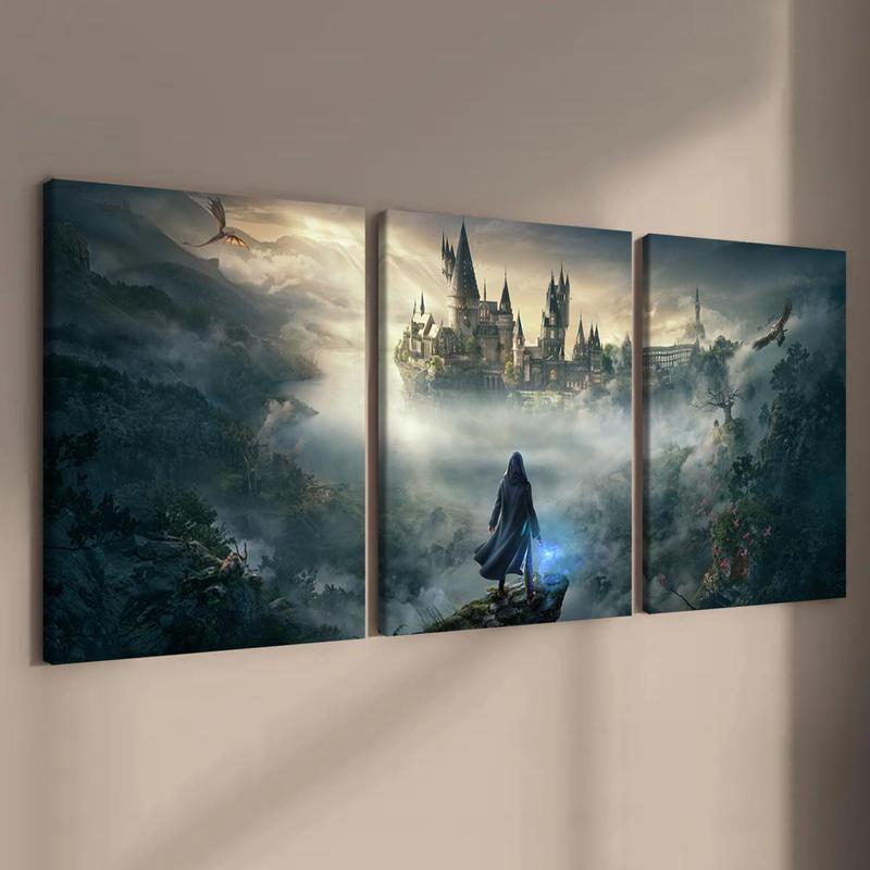 Wooden Framed Canvas Painting, 3 Counts set Wizard & Castle Pattern Canvas Poster, Modern Wall Art for Living Room Bedroom Decor