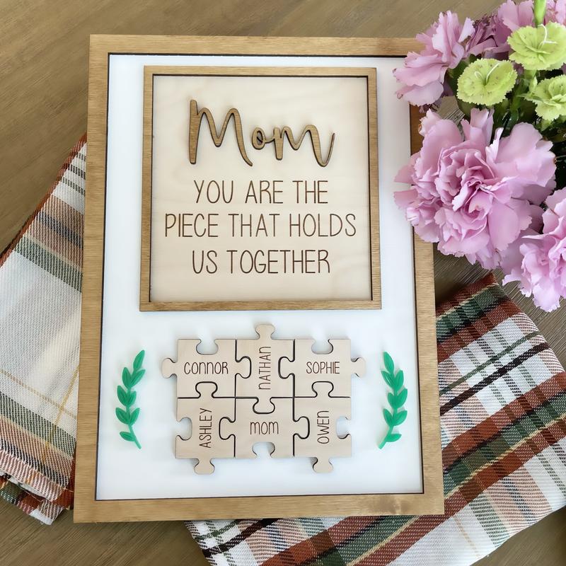 Personalized Puzzle Piece Mom Gift Sign Custom Mothers Day Gift Wall Decor Family Keepsake Siblings Puzzle Wall Art Sign Parent Present