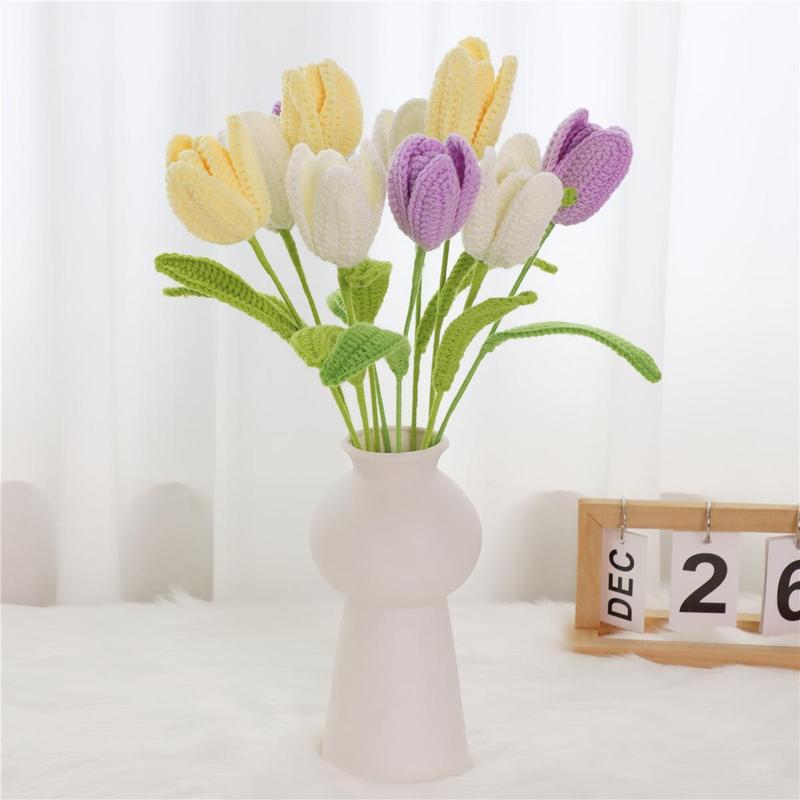 Crochet Tulip Flower Bouquet, 10pcs Artificial Fiber Flower without Vase, Decorative Artificial Plants, Home Decor Supplies for Living Room Bedroom Wedding Party, Girlfriend Gifts, Fall Decor