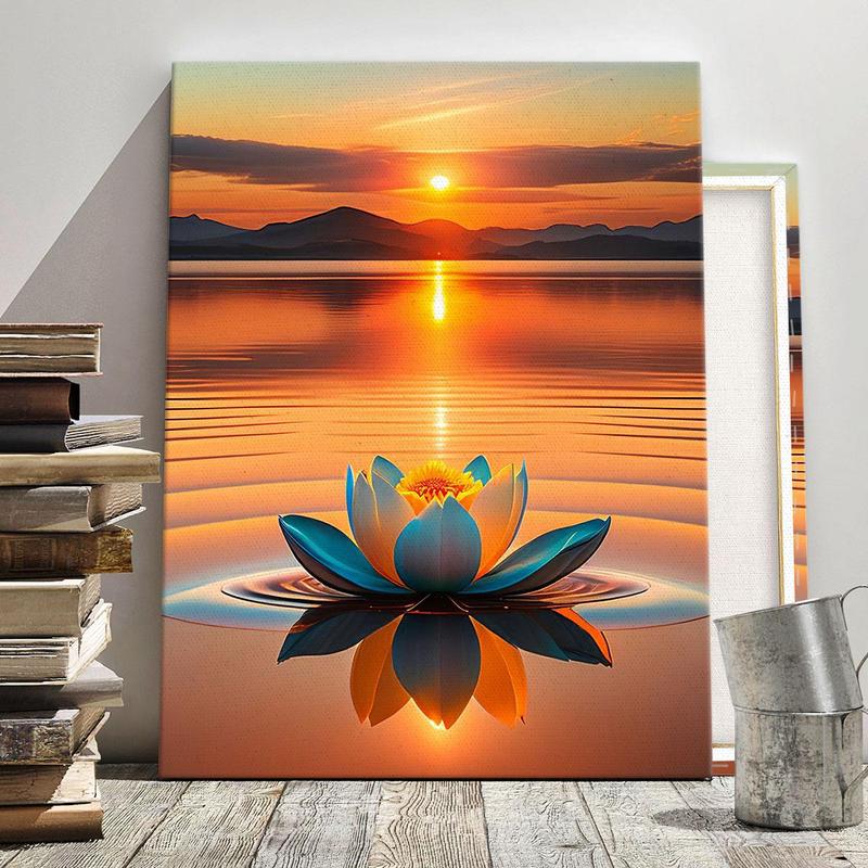 Lotus & Sunset Pattern Painting with Frame, 1 Count Waterproof Canvas Wall Art, Flower Pattern Wall Decor for Home Living Room Office