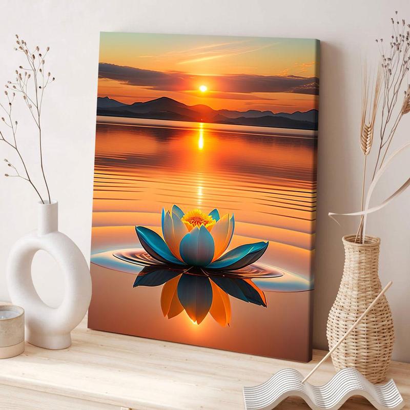 Lotus & Sunset Pattern Painting with Frame, 1 Count Waterproof Canvas Wall Art, Flower Pattern Wall Decor for Home Living Room Office