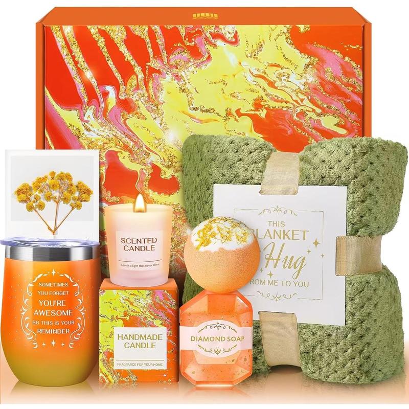 Birthday Gifts for Women, Get Well Soon Gifts, Orange Relaxing  Gifts Basket with Luxury Flannel Blanket,  Christmas Gifts Gifts Idea for Mom Her Sister Wife Girlfriend