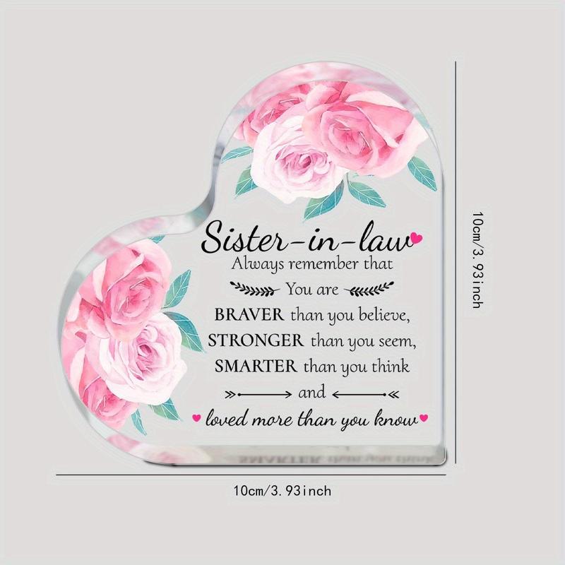 Flower Pattern Acrylic Heart Shaped Ornament, 1 Count Heartfelt Sister-in-law Birthday Gift, Desktop Ornament for Home Dormitory Office Decor