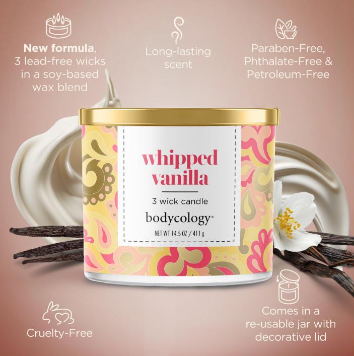 Bodycology 3-Wick Candle, Whipped Vanilla, 14.5 oz  Decor Fragrance  Freshener Ornaments Scented Scent  Decor Scent