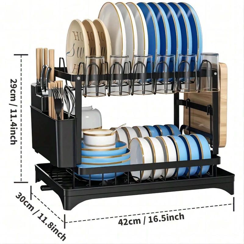  Dish Rack, 2 Tier Utensil Holder, Rustproof Kitchen Dish Drying Rack With Drainboard And Utensil Holder For Kitchen Countertop, Kitchen Accessories storage organizer