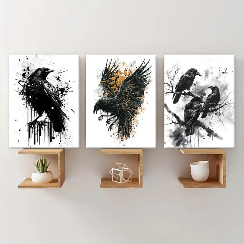 Crow Pattern Canvas Painting with Frame, 3 Counts set Modern Wall Art Painting, Wall Decor for Home Living Room Bedroom Office