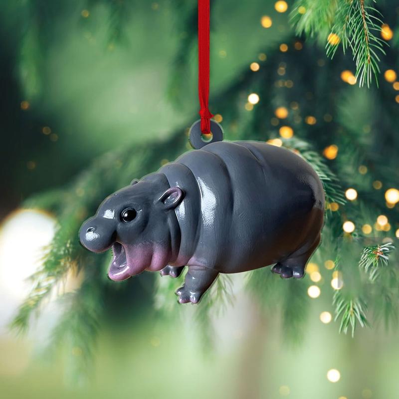 Cute Baby Hippo Moo Deng Flat Ornament, Hippo Rearview Mirror Car Accessories, Moo Deng Ornament, Pygmy Hippo Acrylic Ornament, Christmas Tree Decor