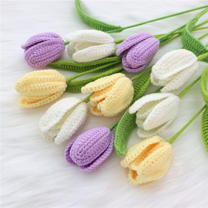 Crochet Tulip Flower Bouquet, 10pcs Artificial Fiber Flower without Vase, Decorative Artificial Plants, Home Decor Supplies for Living Room Bedroom Wedding Party, Girlfriend Gifts, Fall Decor