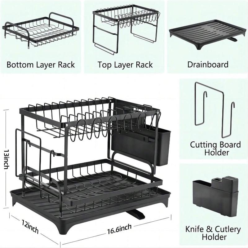  Dish Rack, 2 Tier Utensil Holder, Rustproof Kitchen Dish Drying Rack With Drainboard And Utensil Holder For Kitchen Countertop, Kitchen Accessories storage organizer