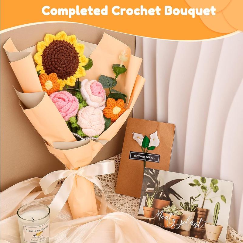 Apragaz Completed Crochet Flowers Bouquet, Handmade Knitted Bouquet, Crochet Bouquet Kit Knitted Fake Sunflower Rose Daisy for Thanksgiving Day Birthday Wedding Home Decor Holographic Artificial Rose Flower