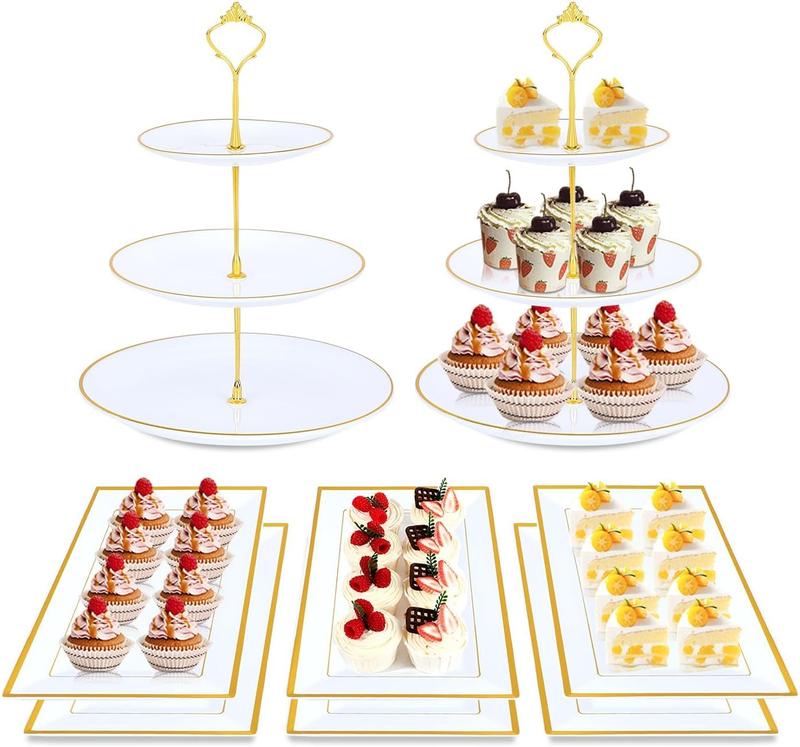 DI QIU REN 8PCS Cake Stand Set, Plastic Cupcake Stands with Gold Rim, Dessert Display Stands Set for Wedding Birthday Party Baby ShowerTea Party