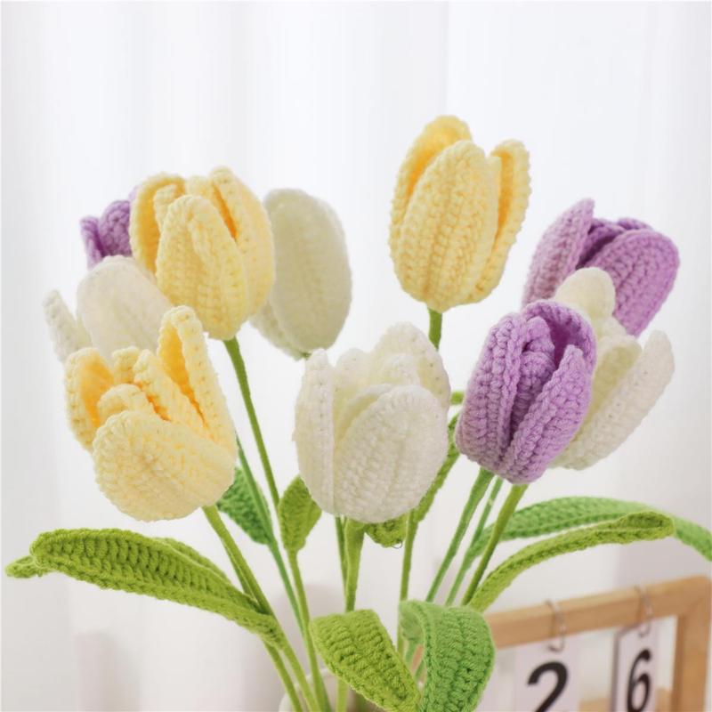 Crochet Tulip Flower Bouquet, 10pcs Artificial Fiber Flower without Vase, Decorative Artificial Plants, Home Decor Supplies for Living Room Bedroom Wedding Party, Girlfriend Gifts, Fall Decor