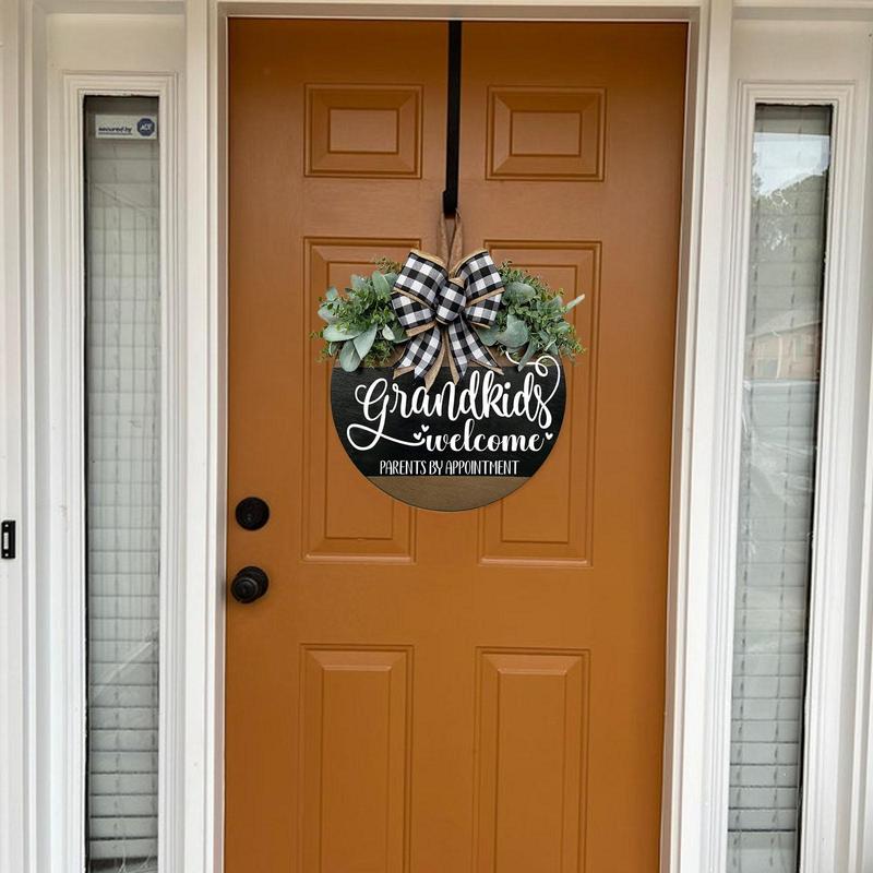 Wooden Grandkids Welcome Parents by Appointment Front Door Sign, 1 Count Bow Decor Letter Printed Hanging Decoration, Home Decor for Front Porch