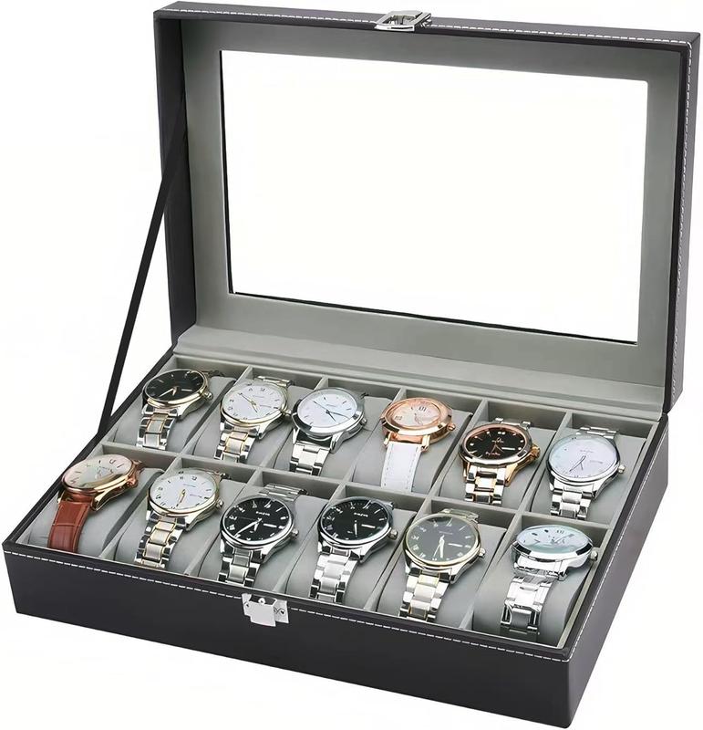 Watch Box, 12-Slot Watch Case for Dad, Husband Watch Box Organizer with Glass Lid, Men Watch Display Case with Removable Pillows, Father's Day Gift Watch Holder Organizer