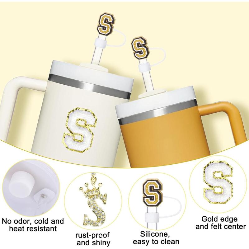 6Count Cup Accessories Set for Cup 30 oz 40 oz Tumbler with Handle, Including Straw Cover Cap, Cup Initials Charm, Sticker, Silicone Boot, Round and Square Spill Proof Stopper,Letter S