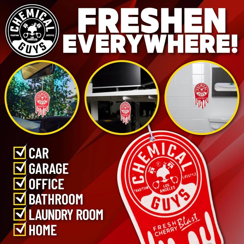 Chemical Guys Fresh Cherry Blast Air Freshener and Odor Eliminator, 16 fl oz with 3 Pack of Hanging Air Fresheners (Great for Cars, Trucks, SUVs, RVs, Home, Office, Dorm Room & More)