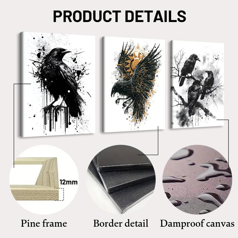 Crow Pattern Canvas Painting with Frame, 3 Counts set Modern Wall Art Painting, Wall Decor for Home Living Room Bedroom Office