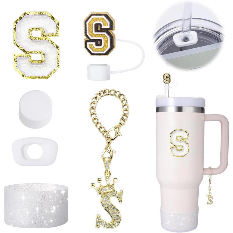 6Count Cup Accessories Set for Cup 30 oz 40 oz Tumbler with Handle, Including Straw Cover Cap, Cup Initials Charm, Sticker, Silicone Boot, Round and Square Spill Proof Stopper,Letter S