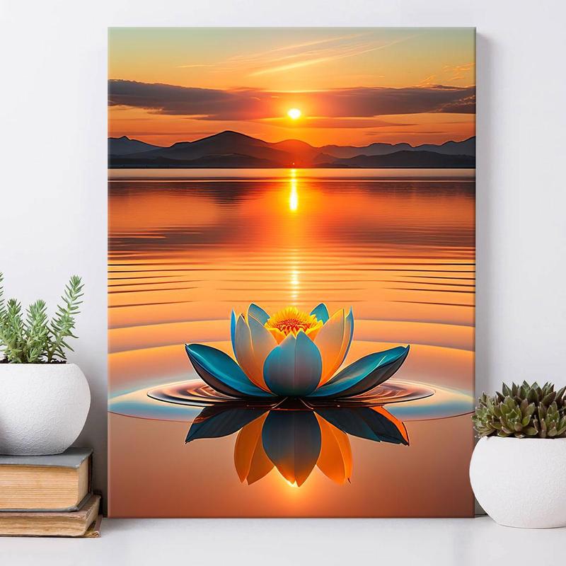 Lotus & Sunset Pattern Painting with Frame, 1 Count Waterproof Canvas Wall Art, Flower Pattern Wall Decor for Home Living Room Office