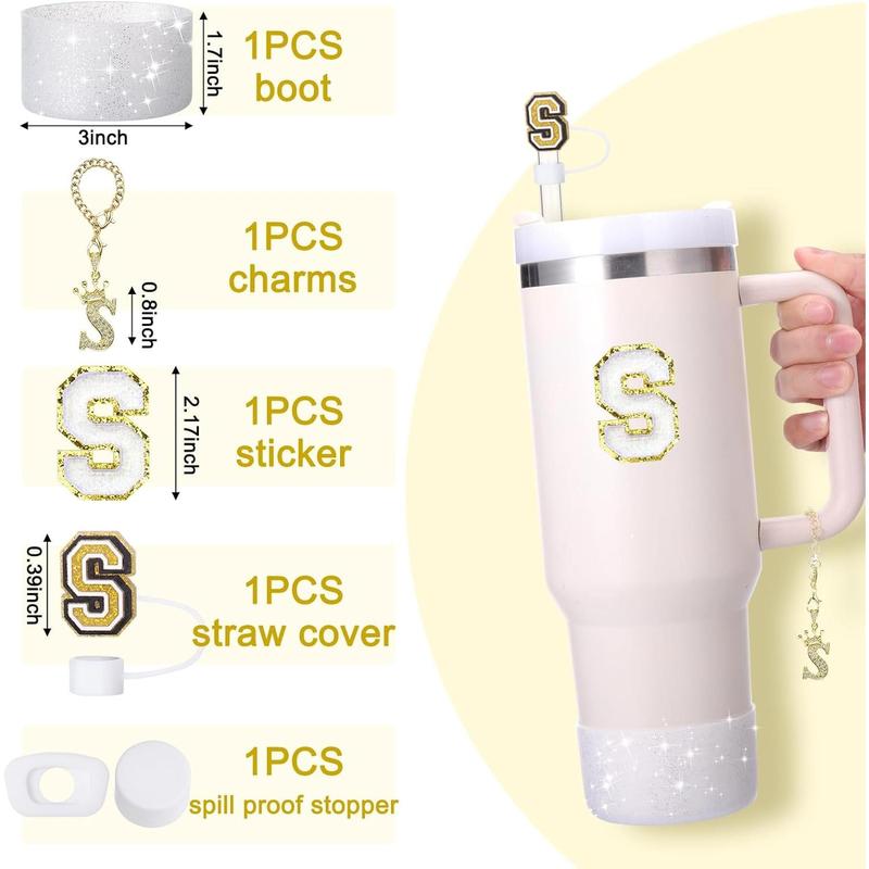 6Count Cup Accessories Set for Cup 30 oz 40 oz Tumbler with Handle, Including Straw Cover Cap, Cup Initials Charm, Sticker, Silicone Boot, Round and Square Spill Proof Stopper,Letter S