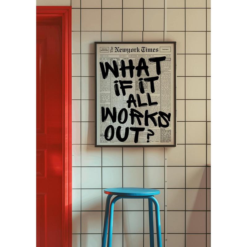 What If It All Works Out Print, Retro Newspaper Print, Trendy Wall Art, Typography Poster, Apartment Aesthetic, Girly Dorm Decor, Quote Art