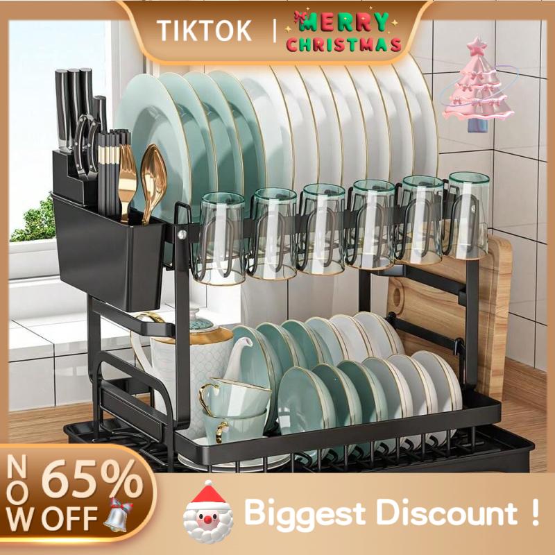  Dish Rack, 2 Tier Utensil Holder, Rustproof Kitchen Dish Drying Rack With Drainboard And Utensil Holder For Kitchen Countertop, Kitchen Accessories storage organizer