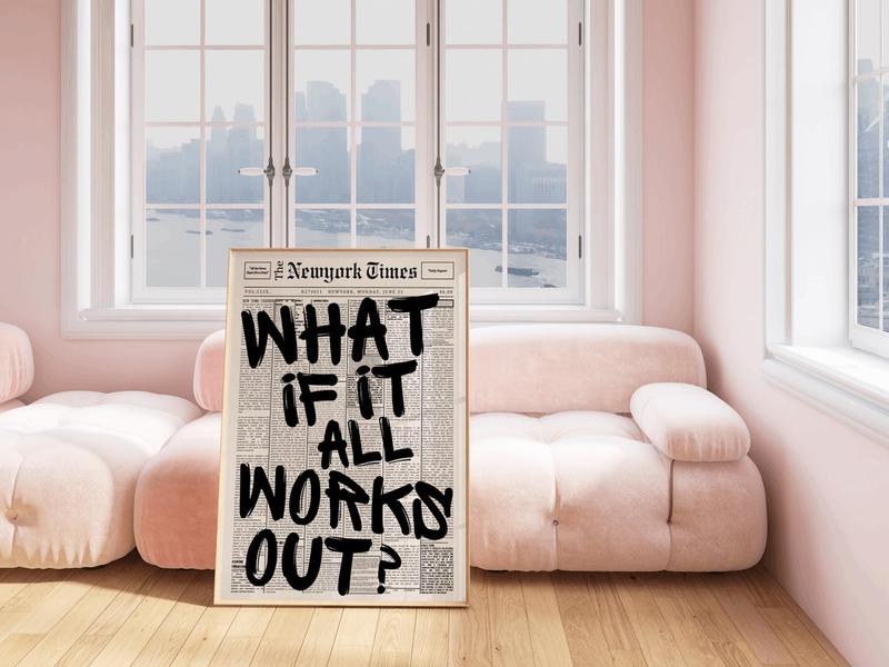 What If It All Works Out Print, Retro Newspaper Print, Trendy Wall Art, Typography Poster, Apartment Aesthetic, Girly Dorm Decor, Quote Art