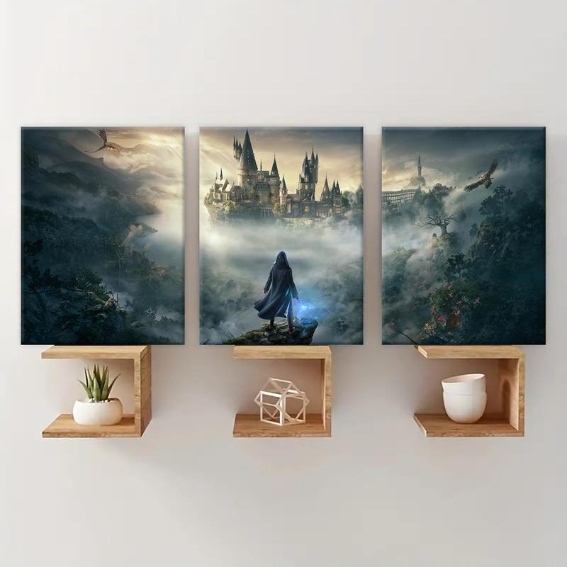 Wooden Framed Canvas Painting, 3 Counts set Wizard & Castle Pattern Canvas Poster, Modern Wall Art for Living Room Bedroom Decor