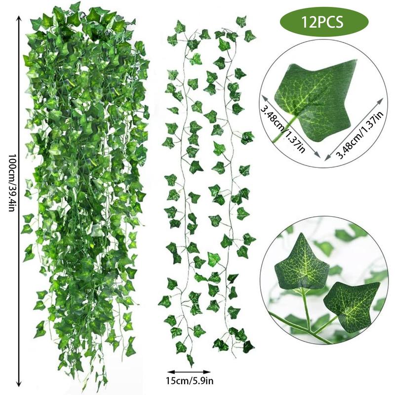 Artificial Ivy Leaves Garland, 12pcs Fake Ivy Leaves, Hanging Plant Vine for Bedroom Wall Decor, Home Decor Supplies