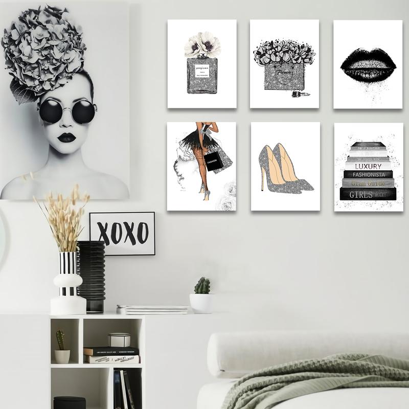 6PCS Glam Gray Fashion Wall Decor Schönheitszimmer Dekor Bilder Kunst für Büro Schlafzimmer Badezimmer Wanddekoration Parfüm Handtaschen High Heels Lippenstift Wandbilder 8x10in