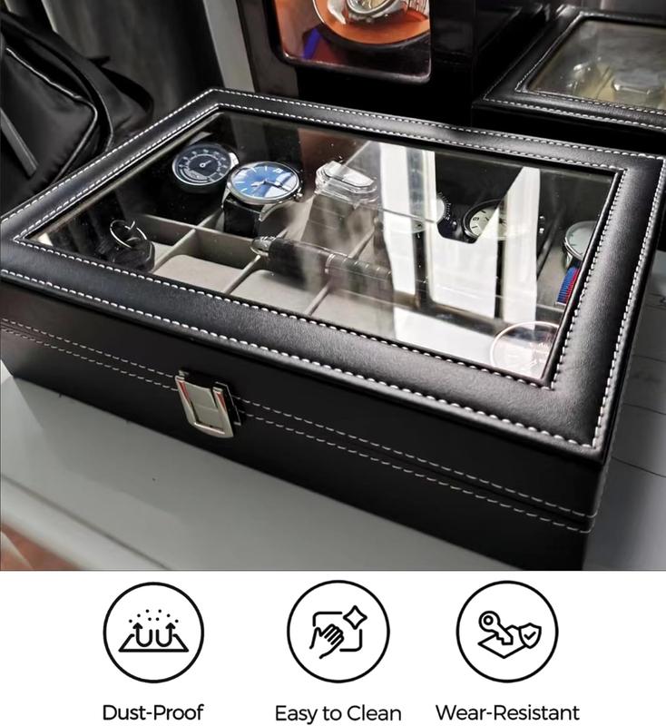 Watch Box, 12-Slot Watch Case for Dad, Husband Watch Box Organizer with Glass Lid, Men Watch Display Case with Removable Pillows, Father's Day Gift Watch Holder Organizer