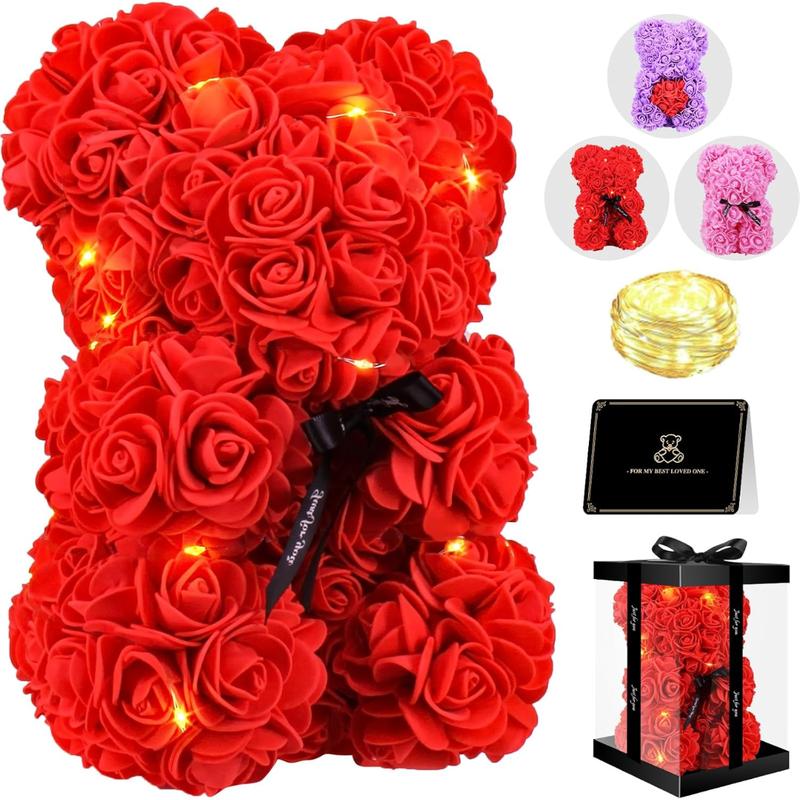 [Fast Shipping]  Bear Rose, 9 inch Flower Bear with Led Light, Romantic Christmas Valentines Day Anniversary Birthday Gifts for Women Wife Girlfriend, for Mom Daughter Girls Kids (Red)