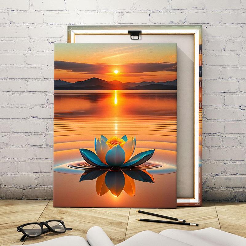 Lotus & Sunset Pattern Painting with Frame, 1 Count Waterproof Canvas Wall Art, Flower Pattern Wall Decor for Home Living Room Office