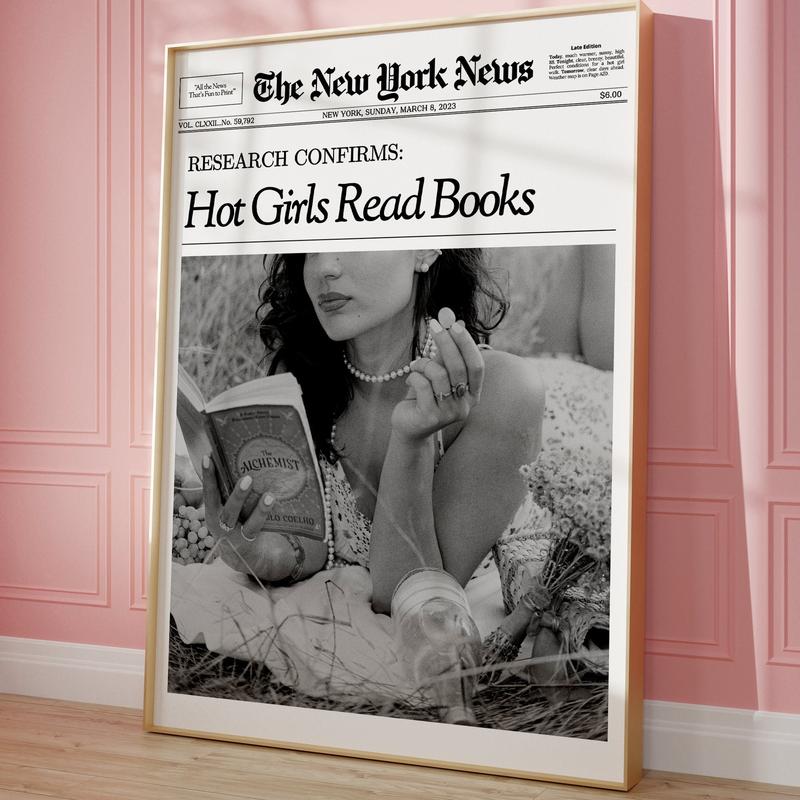 Trendy Newspaper Print, Hot Girls Read Books, Retro Newsprint Headline Poster, Booktok Apartment Decor, Preppy Wall Art