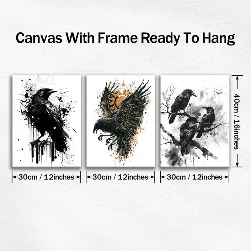 Crow Pattern Canvas Painting with Frame, 3 Counts set Modern Wall Art Painting, Wall Decor for Home Living Room Bedroom Office