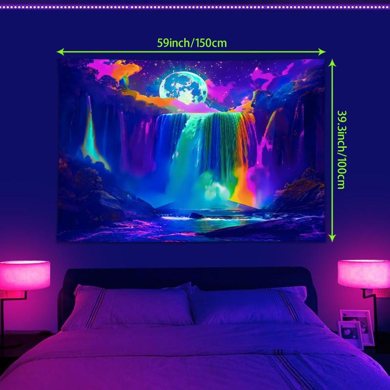 Moon & Waterfall Pattern Tapestry, 1 Count Colorful Fluorescent Ultraviolet Reaction Forest Pattern Tapestry, Wall Hanging for Home Living Room Bedroom Dormitory Office