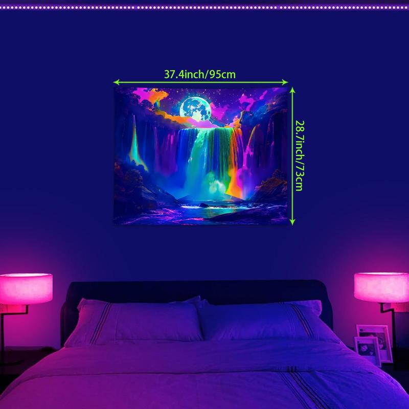 Moon & Waterfall Pattern Tapestry, 1 Count Colorful Fluorescent Ultraviolet Reaction Forest Pattern Tapestry, Wall Hanging for Home Living Room Bedroom Dormitory Office