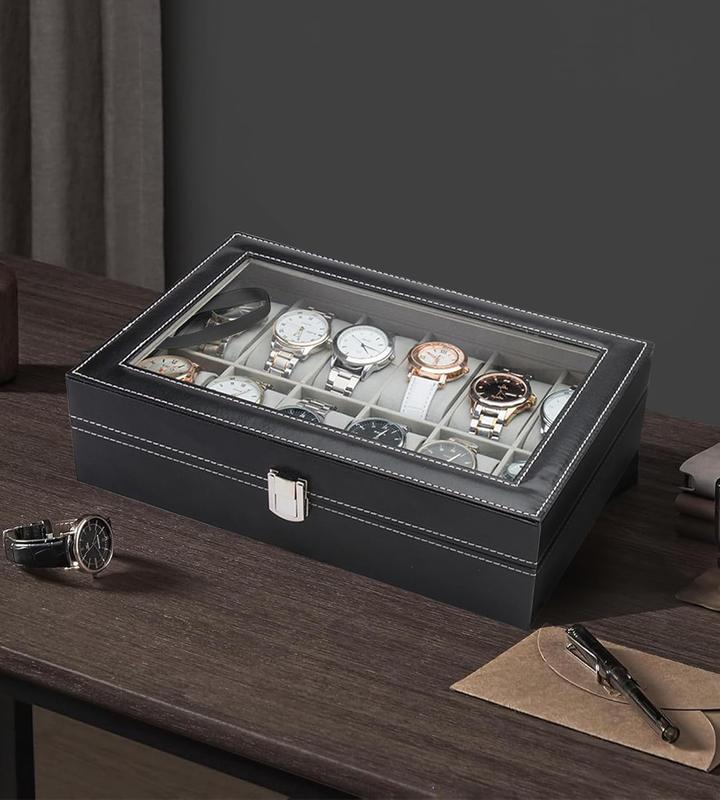 Watch Box, 12-Slot Watch Case for Dad, Husband Watch Box Organizer with Glass Lid, Men Watch Display Case with Removable Pillows, Father's Day Gift Watch Holder Organizer