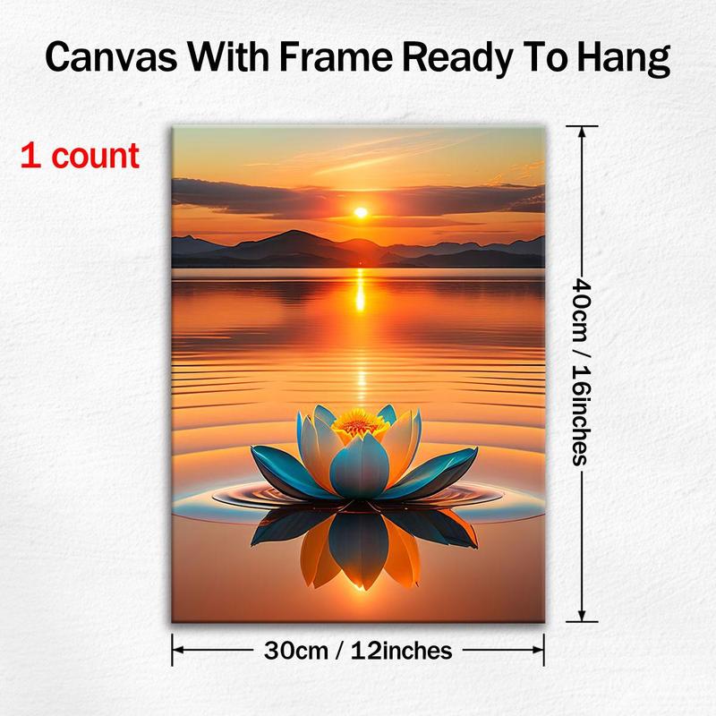 Lotus & Sunset Pattern Painting with Frame, 1 Count Waterproof Canvas Wall Art, Flower Pattern Wall Decor for Home Living Room Office