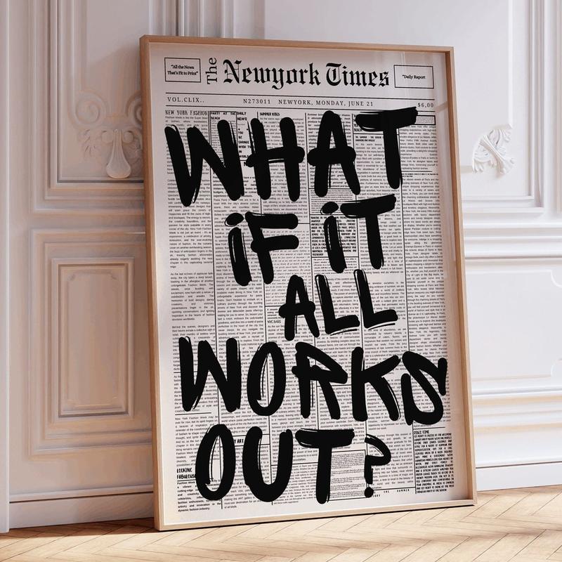 What If It All Works Out Print, Retro Newspaper Print, Trendy Wall Art, Typography Poster, Apartment Aesthetic, Girly Dorm Decor, Quote Art